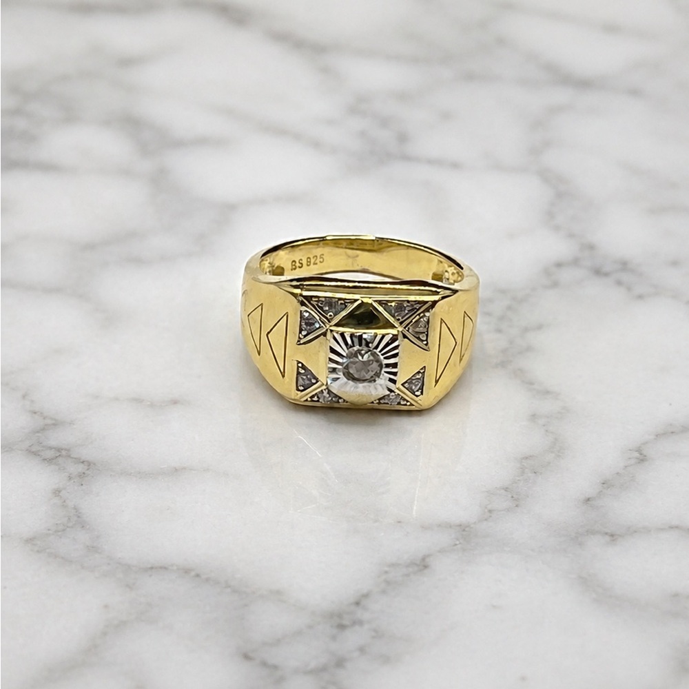 Men's Gold over 925 Sterling Silver Signet Ring with Center Stone CZ Size 9.5 - Picture 6 of 17